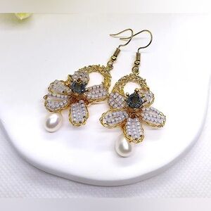 Brass Wire Wrapped Beads & Freshwater Pearl Chandelier Flower Earrings